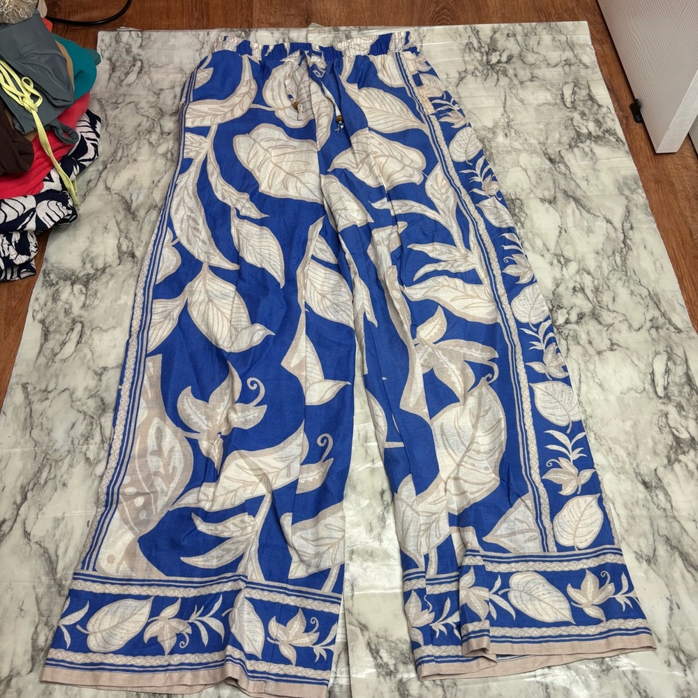 Rachel Zoe Blue Tan leaf Pattern wide leg high rise Linen Blend Pants small - Picture 5 of 7